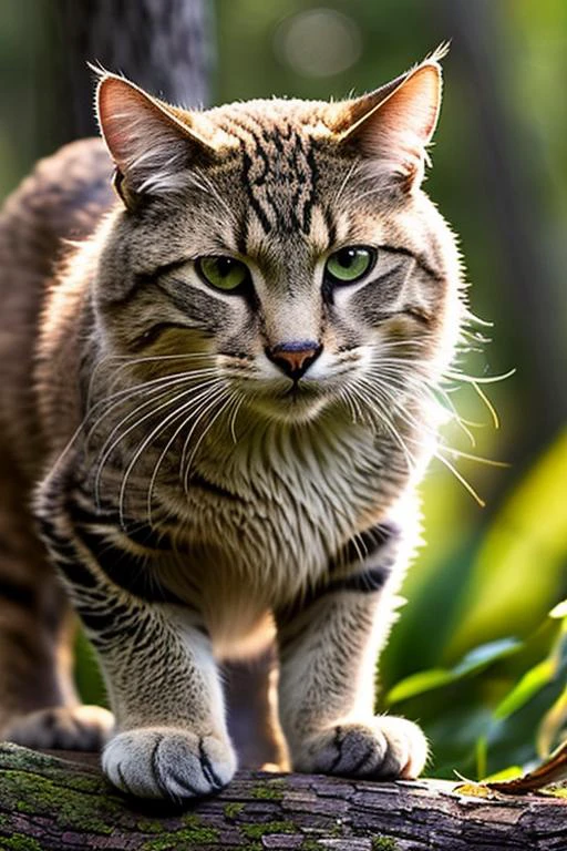 an concept art of alchemic element - European Wildcat (Felis silvestris): A striking feline with a robust, muscular build, resembling a domestic cat but larger and more untamed. The dense fur coat boasts a tabby-like pattern, predominantly gray with subtle black stripes and spots, providing exceptional camouflage in its forest habitat. The rounded ears have tufts of fur at the tips, accentuating its alert and watchful appearance. The camera's angle frames the subject in a way that unveils its essence, unveiling secrets that lie within its form. Shadows and highlights create a harmonious symphony, revealing an extraordinary interplay of light and darkness, unveiling layers of depth that leave us captivated., in nature habitat, rim lights, digital art, focus on subject, duch angle, clsoe shot, closeup, masterpiece, ultrasharp, intricated details