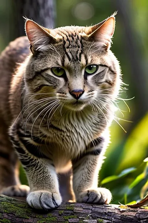 an concept art of alchemic element - European Wildcat (Felis silvestris): A striking feline with a robust, muscular build, resembling a domestic cat but larger and more untamed. The dense fur coat boasts a tabby-like pattern, predominantly gray with subtle black stripes and spots, providing exceptional camouflage in its forest habitat. The rounded ears have tufts of fur at the tips, accentuating its alert and watchful appearance. The camera's angle frames the subject in a way that unveils its essence, unveiling secrets that lie within its form. Shadows and highlights create a harmonious symphony, revealing an extraordinary interplay of light and darkness, unveiling layers of depth that leave us captivated., in nature habitat, rim lights, digital art, focus on subject, duch angle, clsoe shot, closeup, masterpiece, ultrasharp, intricated details