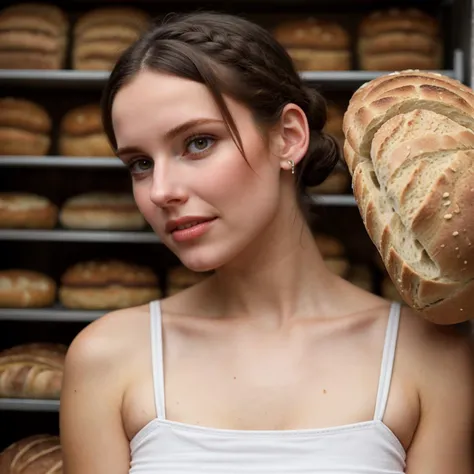 (atmospheric cinematic still inside bakery, full body:1.1), ([Slavic:Thai:0.3] woman:1.15), (anatomically correct body, girl:0.6),(1girl made of baked bread:1.4),texture of bread,detailed texture,sharp,(bread hair, made of baked bread, baked:1.4), (high key light:1.15), cute college girl, ((dynamic poses)), face tilted looking down from_behind, ((flat chest)), small breasts, braid_hair, pigtails, innocent face, blush, shy, (natural skin pigmentation, meaty lips, realistic natural pokies:1.25), (modelshoot style, analog style, strong gloom:1.125), f2.8,  (correct_fingers, feminine_anatomy, correct_eyes:1.15), short hair, (self touching:1.175), (playful expression:1.125), (flawed feminine anatomy, anatomically correct fingers:1.25), amateur model,  (early morning lighting:0.9), (natural realistic figure defects:1.2), (gloomy, rim light:0.85)
, ultra-detailed realism, dramatic light
