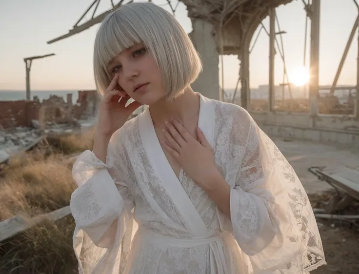 touchism, giant creature in horizon, wind blowing, breathtaking remarkable photo of worrying (21yo [mongol:slavic:0.75] (woman:0.85) with white inverted bob haircut:1.135) waving (perfect feminine hands:1.225) wearing [(white see-through negligee:0.8):white summer robe:0.75] with chamomile pattern, (mole, innocent face, gloom:0.85), (damaged ruins and explosions in background, intricate outdoor morning background with bokeh:1.125), (turbulent fog:0.975), (natural high key light:0.45), (perfect fingers, natural skin texture with pigment variations:1.125), (intricate:1.1) (depth of field, light leaks, sun flares, analog film grain:0.85), hair covering one eye, little cute tattoo