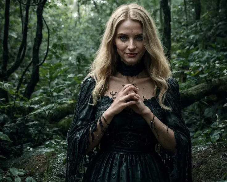 epiCPhoto, (atmospheric cinematic still, full body:1.15), (woman-animal hybridization chimera:1.3) , (innocent slender Slavic woman:1.175) wearing an awkward Victorian dress with black lace and frilly sleeves and a weird pattern, (modelshoot style, analog style, strong gloom:1.125), (correct_fingers, feminine_anatomy, correct_eyes:1.15), (cute nose:1.1), remarkable epic nature landscape, (eerie black slime monster:1.35) in smooth background, playful expression, cluttered jungle with lots of wet woods, moist skin wet texture, smile, long blonde hair, jewelry, (teeth, grin:0.75), (joyful, turbulent emotions:1.165), (realistic hands:1.225),(wet dark carbon boulders:0.75), (gray-blue-green:0.7), (f_stop 2.8, f2.8 :0.3), (cinematic still, feminine_anatomy, correct_eyes, bokeh:1.2), (realistic correct_hands, feminine_anatomy, artistic dynamic pose:1.15), realism, incredibly lifelike, perfect proportions, realistic skin details, ultrasharp, ultradetailed, good quality <lora:breastsizeslideroffset:-0.15>