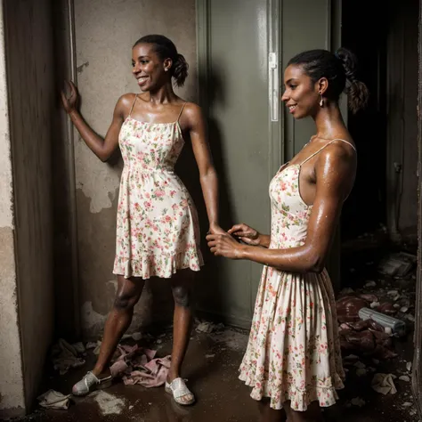(atmospheric cinematic still inside eerie wet sewage, full body, high light:1.1), (European woman interacting with dark-skinned alien creature:1.25) inside dirty abandoned interior with trash on the floor and smashed door in background, (anatomically correct feminine body:0.6), detailed texture,sharp, ((dynamic pose)), pigtails, innocent face, blush, shy, (natural skin pigmentation, meaty lips, realistic natural body dressed in summer dress with floral print:1.25), (modelshoot style, analog style, strong gloom:1.125), f2.8, (correct_fingers, feminine_anatomy, correct_eyes:1.15), short hair, (self touching:1.175), (playful expression:1.125), (flawed feminine anatomy, anatomically correct fingers:1.25), amateur model, (early morning lighting:0.9), (natural realistic figure defects:1.2), (gloomy, rim light:0.85)