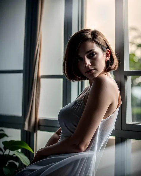 epiCPhoto, (photorealistic cinematic full body photo:1.3) with strong emotions and soft dramatic light from window, (correct_eyes, big wet eyes, emo, touchism:0.6), (exhausted:1.3) (Slavic woman:1.2) with white inverted bob haircut and big eyes and smooth skin texture and glossy lipstick, (playful expression, shy:1.2), (iridescent whites of her eyes:1.1), (foggy, strong bloom at early morning, subsurface light scattering:1.3), magnificent, ethereal, volumetric lighting, face focus, celestial, ethereal, epic, magical, (shallow dof swirly bokeh, led lights in smooth background:1.2)