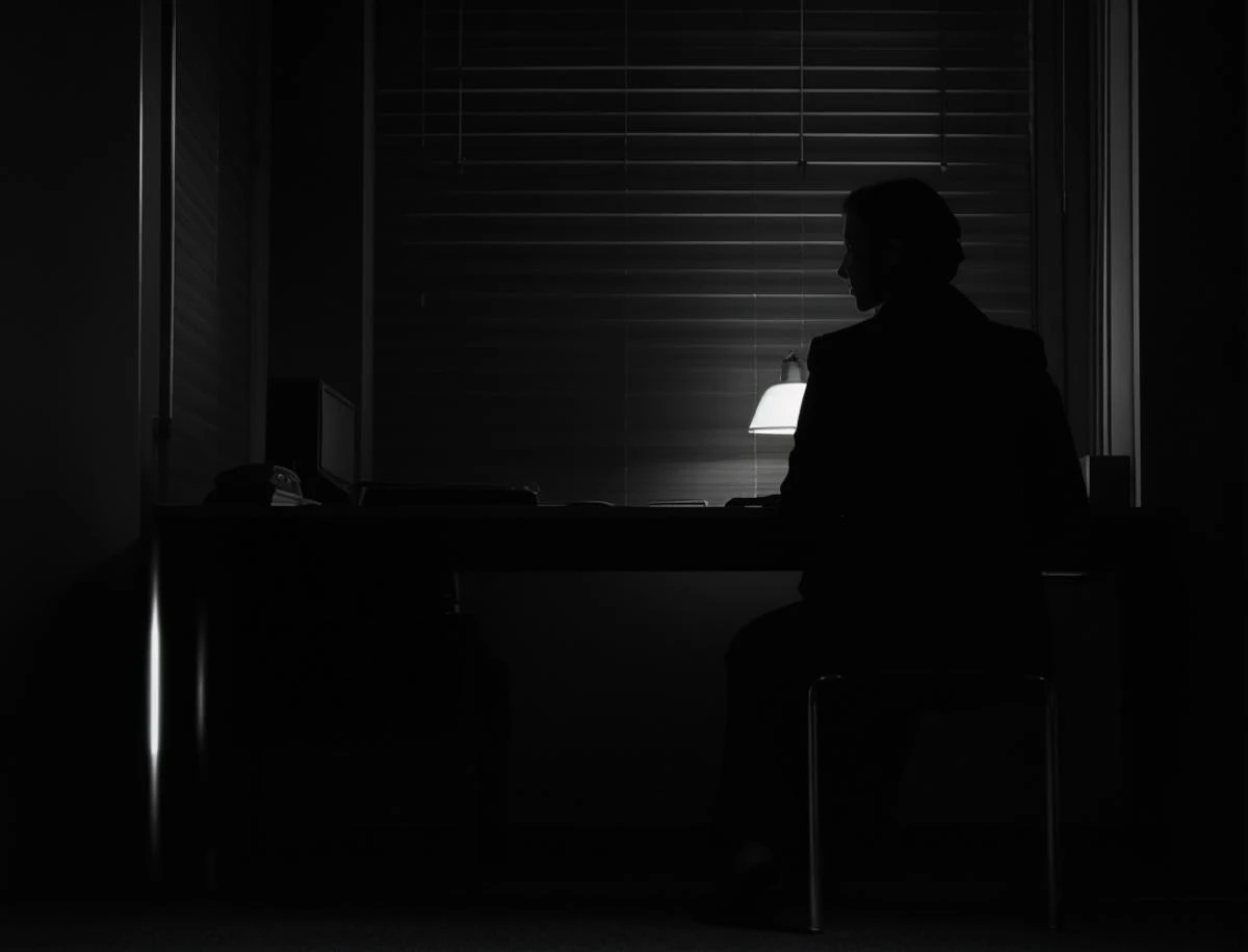 (film noir:1.2), woman in a trenchcoat , sitting, dark office, blinds, night, establishing shot, black and white