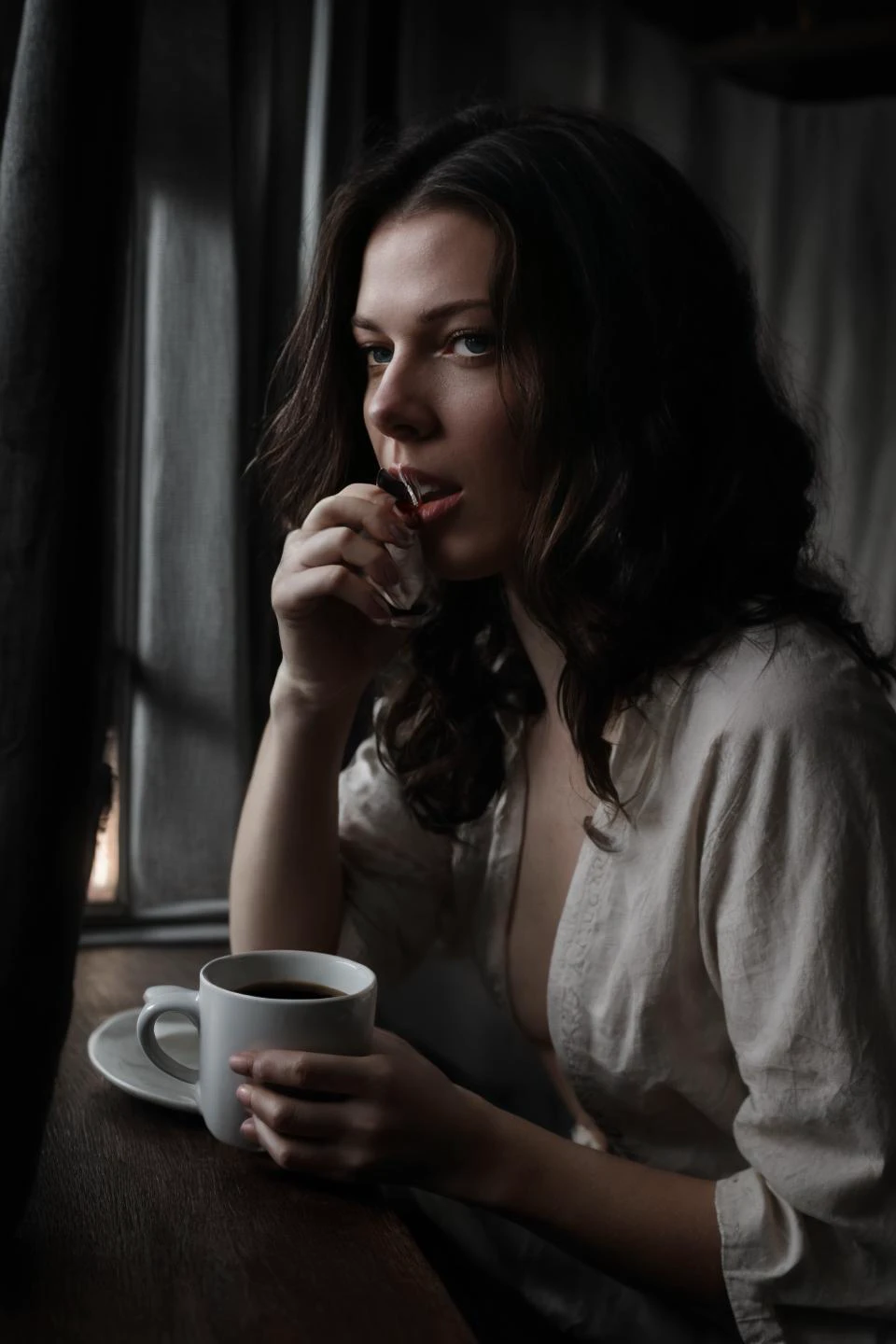solo, long hair, breasts, shirt, black hair, nipples, small breasts, open clothes, cup, open shirt, mug, realistic, coffee, coffee mug , moody cinematic, modelshoot style, amateur model, professional color grading, erotic art, (shot with vintage Carl Zeiss Sonar lens:0.895), ([shallow depth, cinematic grading, low key light, analog style, dark shot : toxic vapor, milky mist, film grain, spooky, gloomy : 15]:1.125), ultra-detailed realism, dramatic light  <lora:detailed_eye:1>, complex background, stuff in the background, highly detailed, (gloomy:1.3), dark, dimmed, hdr, vignette, grimy, (slate atmosphere:0.8)