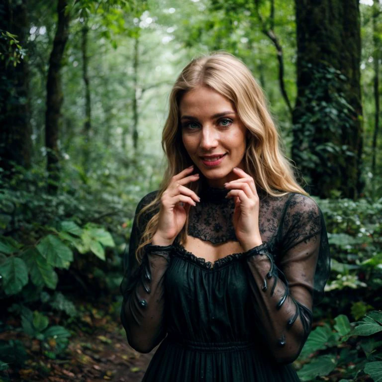 epiCPhoto, (atmospheric cinematic still, full body:1.15), (woman-animal hybridization chimera:1.3) , (innocent slender Slavic woman:1.175) wearing an awkward Victorian dress with black lace and frilly sleeves and a weird pattern, (modelshoot style, analog style, strong gloom:1.125), (correct_fingers, feminine_anatomy, correct_eyes:1.15), (cute nose:1.1), remarkable epic nature landscape, (eerie black slime monster:1.35) in smooth background, playful expression, cluttered jungle with lots of wet woods, moist skin wet texture, smile, long blonde hair, jewelry, (teeth, grin:0.75), (joyful, turbulent emotions:1.165), (realistic hands:1.225),(wet dark carbon boulders:0.75), (gray-blue-green:0.7), (f_stop 2.8, f2.8 :0.3), (cinematic still, feminine_anatomy, correct_eyes, bokeh:1.2), (realistic correct_hands, feminine_anatomy, artistic dynamic pose:1.15), realism, incredibly lifelike, perfect proportions, realistic skin details, ultrasharp, ultradetailed, good quality <lora:breastsizeslideroffset:-0.15> <lora:slg_v30:0.75>