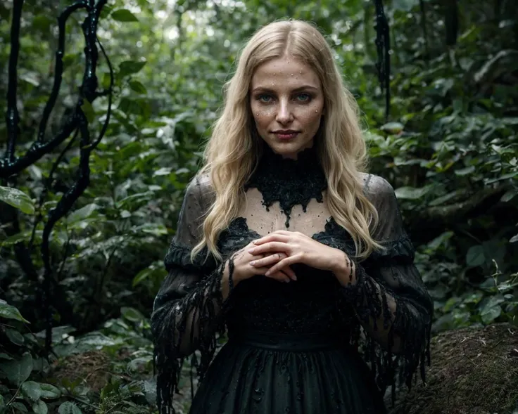 epiCPhoto, (atmospheric cinematic still, full body:1.15), (woman-animal hybridization chimera:1.3) , (innocent slender Slavic woman:1.175) wearing an awkward Victorian dress with black lace and frilly sleeves and a weird pattern, (modelshoot style, analog style, strong gloom:1.125), (correct_fingers, feminine_anatomy, correct_eyes:1.15), (cute nose:1.1), remarkable epic nature landscape, (eerie black slime monster:1.35) in smooth background, playful expression, cluttered jungle with lots of wet woods, moist skin wet texture, smile, long blonde hair, jewelry, (teeth, grin:0.75), (joyful, turbulent emotions:1.165), (realistic hands:1.225),(wet dark carbon boulders:0.75), (gray-blue-green:0.7), (f_stop 2.8, f2.8 :0.3), (cinematic still, feminine_anatomy, correct_eyes, bokeh:1.2), (realistic correct_hands, feminine_anatomy, artistic dynamic pose:1.15), realism, incredibly lifelike, perfect proportions, realistic skin details, ultrasharp, ultradetailed, good quality <lora:breastsizeslideroffset:-0.15>