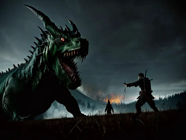 Climactic scene, a samurai with his katana standing in a field facing a distant giant dragon creature with a demonic face, glowing eyes, two outstretched wings, scaled muscular arms sharp claws, ready to start fight, intense scene, fire and air flows, 8k ultrafine detail, attack on titan style, masterpiece, cinematic,(size difference),