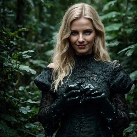 epiCPhoto, (atmospheric cinematic still, full body:1.15), (woman-animal hybridization chimera:1.3) , (innocent slender Slavic woman:1.175) wearing an awkward Victorian dress with black lace and frilly sleeves and a weird pattern, (modelshoot style, analog style, strong gloom:1.125), (correct_fingers, feminine_anatomy, correct_eyes:1.15), (cute nose:1.1), remarkable epic nature landscape, (eerie black slime monster:1.35) in smooth background, playful expression, cluttered jungle with lots of wet woods, moist skin wet texture, smile, long blonde hair, jewelry, (teeth, grin:0.75), (joyful, turbulent emotions:1.165), (realistic hands:1.225),(wet dark carbon boulders:0.75), (gray-blue-green:0.7), (f_stop 2.8, f2.8 :0.3), (cinematic still, feminine_anatomy, correct_eyes, bokeh:1.2), (realistic correct_hands, feminine_anatomy, artistic dynamic pose:1.15), realism, incredibly lifelike, perfect proportions, realistic skin details, ultrasharp, ultradetailed, good quality <lora:breastsizeslideroffset:-0.15>