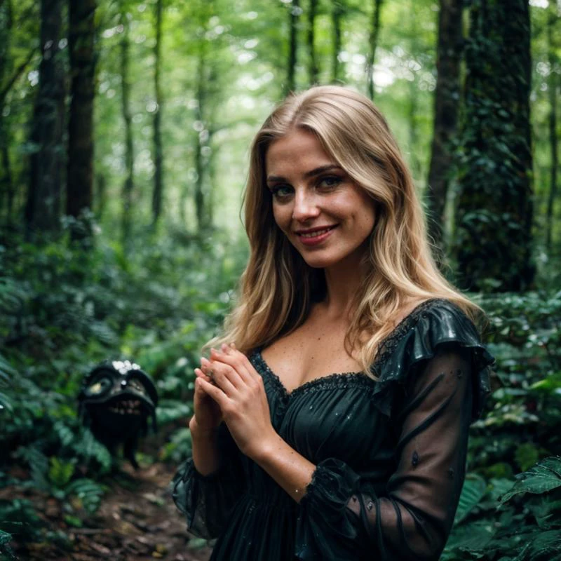 epiCPhoto, (atmospheric cinematic still, full body:1.15), (woman-animal hybridization chimera:1.3) , (innocent slender Slavic woman:1.175) wearing an awkward Victorian dress with black lace and frilly sleeves and a weird pattern, (modelshoot style, analog style, strong gloom:1.125), (correct_fingers, feminine_anatomy, correct_eyes:1.15), (cute nose:1.1), remarkable epic nature landscape, (eerie black slime monster:1.35) in smooth background, playful expression, cluttered jungle with lots of wet woods, moist skin wet texture, smile, long blonde hair, jewelry, (teeth, grin:0.75), (joyful, turbulent emotions:1.165), (realistic hands:1.225),(wet dark carbon boulders:0.75), (gray-blue-green:0.7), (f_stop 2.8, f2.8 :0.3), (cinematic still, feminine_anatomy, correct_eyes, bokeh:1.2), (realistic correct_hands, feminine_anatomy, artistic dynamic pose:1.15), realism, incredibly lifelike, perfect proportions, realistic skin details, ultrasharp, ultradetailed, good quality <lora:breastsizeslideroffset:-0.15> <lora:slg_v30:0.75>