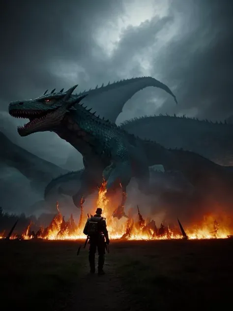 Climactic scene, a samurai with his katana standing in a field facing a distant giant dragon creature with a demonic face, glowing eyes, two outstretched wings, scaled muscular arms sharp claws, ready to start fight, intense scene, fire and air flows, 8k ultrafine detail, attack on titan style, masterpiece, cinematic,(size difference),