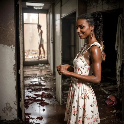 (atmospheric cinematic still inside eerie wet sewage, full body, high light:1.1), (European woman interacting with dark-skinned alien creature:1.25) inside dirty abandoned interior with trash on the floor and smashed door in background, (anatomically correct feminine body:0.6), detailed texture,sharp, ((dynamic pose)), pigtails, innocent face, blush, shy, (natural skin pigmentation, meaty lips, realistic natural body dressed in summer dress with floral print:1.25), (modelshoot style, analog style, strong gloom:1.125), f2.8, (correct_fingers, feminine_anatomy, correct_eyes:1.15), short hair, (self touching:1.175), (playful expression:1.125), (flawed feminine anatomy, anatomically correct fingers:1.25), amateur model, (early morning lighting:0.9), (natural realistic figure defects:1.2), (gloomy, rim light:0.85)