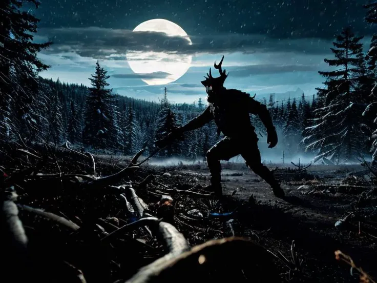 Horror masterpiece, best quality, (action shot, movement blur), combat, greg rutkowski, (focus on terrifying large wendigo visible in the distance antlers large size difference), fantasy, people fighting it, dark winter night, forest deep dark woods, massive ancient trees, battle, scenery, mountain, outdoors, multiple people, injured people on the ground, (blood splatter flying through the air), trail of carnage, (indirect) moonlight, very detailed, high resolution, sharp, sharp image, 4k, 8k,