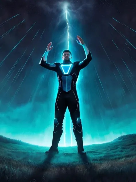 A full body portrait of a levitating powerful man wearing futuristic mage uniform raised arm outstretched hand spraying a whirlwind of cyan and azure light dragons, highly detailed eyes, 2d art cover, official fanart behance hd artstation, masterpiece, smooth render, watercolor, 8k quality, lightning, meteor shower,