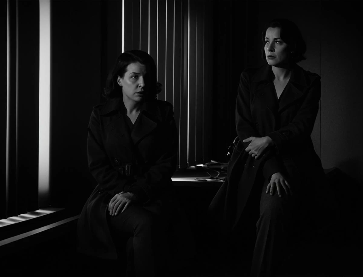 (film noir:1.2), woman in a trenchcoat , sitting, dark office, blinds, night, establishing shot, black and white
