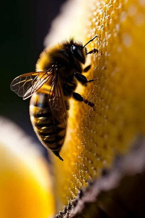 an concept art of alchemic element - European Honey Bee (Apis mellifera): A social insect with yellow and black bands on its abdomen, playing a crucial role in pollination and honey production. In this enchanting scene, the camera floats gracefully just inches away from the subject, immersing us in a world of intricate details and captivating magic. The soft glow of a mystical light source casts a mesmerizing aura, gently caressing every curve and edge, illuminating the scene with an ethereal radiance., in nature habitat, rim lights, digital art, focus on subject, duch angle, clsoe shot, closeup, masterpiece, ultrasharp, intricated details