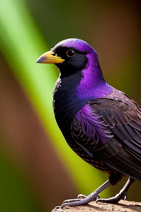 an concept art of alchemic element - European Starling (Sturnus vulgaris): A medium-sized bird with an iridescent black plumage adorned with glossy speckles. During the breeding season, the plumage takes on a beautiful, purple and green sheen. As the magical light cascades over the scene, it accentuates the scene's enchantment, instilling a sense of awe and delight. Every detail sparkles with a touch of the extraordinary, while the background fades into an alluring blur, focusing our gaze solely on the captivating subject., in nature habitat, rim lights, digital art, focus on subject, duch angle, clsoe shot, closeup, masterpiece, ultrasharp, intricated details