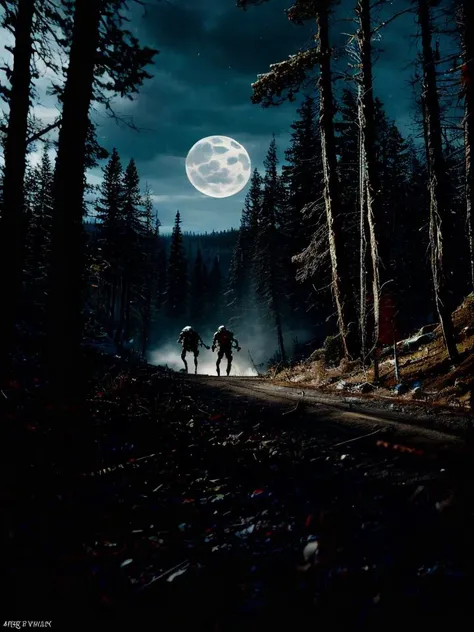Horror masterpiece, best quality, (action shot, movement blur), combat, greg rutkowski, (focus on terrifying large wendigo visible in the distance antlers large size difference), fantasy, people fighting it, dark winter night, forest deep dark woods, massive ancient trees, battle, scenery, mountain, outdoors, multiple people, injured people on the ground, (blood splatter flying through the air), trail of carnage, (indirect) moonlight, very detailed, high resolution, sharp, sharp image, 4k, 8k,