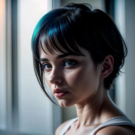 epiCPhoto, (photorealistic cinematic cowboy shot:1.2) with strong emotions and soft dramatic lighting from window, (correct_eyes, big wet eyes, emo, touchism:1.3), (charming exhausted:1.3) (Slavic woman:1.2) with white inverted bob haircut and big eyes and smooth skin texture and glossy lipstick, (playful expression, shy:1.2), (iridescent whites of her eyes:1.3), (foggy, strong bloom at early morning, subsurface light scattering:1.3), magnificent, ethereal, volumetric lighting, face focus, celestial, ethereal, epic, magical, (shallow dof swirly bokeh, led lights in smooth background:1.2)