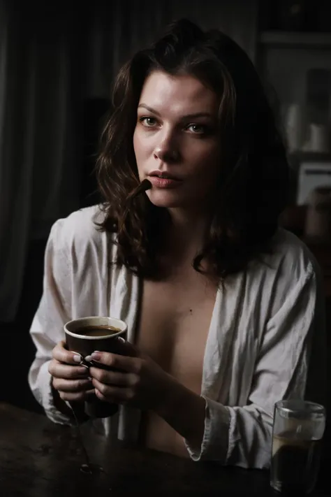 solo, long hair, breasts, shirt, black hair, nipples, small breasts, open clothes, cup, open shirt, mug, realistic, coffee, coffee mug , moody cinematic, modelshoot style, amateur model, professional color grading, erotic art, (shot with vintage Carl Zeiss Sonar lens:0.895), ([shallow depth, cinematic grading, low key light, analog style, dark shot : toxic vapor, milky mist, film grain, spooky, gloomy : 15]:1.125), ultra-detailed realism, dramatic light  <lora:detailed_eye:1>, complex background, stuff in the background, highly detailed, (gloomy:1.3), dark, dimmed, hdr, vignette, grimy, (slate atmosphere:0.8)