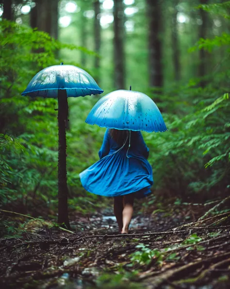 blue jellyfish,jellyfishforest, 1girl, long hair, dress, solo, black hair, mushroom, nature, white dress, outdoors, tree, walking, forest, water, natural lighting, Voigtlnder Nokton 50mm f1.1, (soft lighting, smooth swirly bokeh, depth of field f2.0, shot on Helios 44-2 vintage lens, analog film grain:1.15), ([shallow depth, cinematic grading, low key light, analog style, dark shot : toxic vapor, milky mist, film grain, spooky, gloomy :8]:1.15)