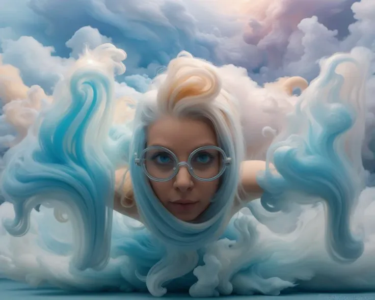remarkable masterpiece realistic photo of (charming innocent woman:1.1) wearing (shiny glasses:1.15) completely lost in space, (sharp focus on eyes, big deep blue eyes, intricate round cornea:0.9), surreal foggy field at early morning, (invisible hands:1.15), white-blue toning, (depth of field, swirly bokeh in background, light flares, gloom, moody cinematic:0.85)