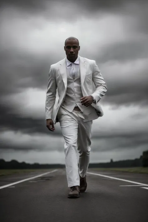 full body photo of Lance Reddick, action, man, dynamic pose, running, wearing white tuxedo, man, white suit, bald, (masterpiece:1.2), best quality, high quality, (absurdres:1.2), realistic, UHD, ultrarealistic, 50mm,  <lora:add_detail:0.3> epiCRealism  <lora:detailed_eye:1>, complex background, stuff in the background, highly detailed, (gloomy:1.3), dark, dimmed, hdr, vignette, grimy, (slate atmosphere:0.8)