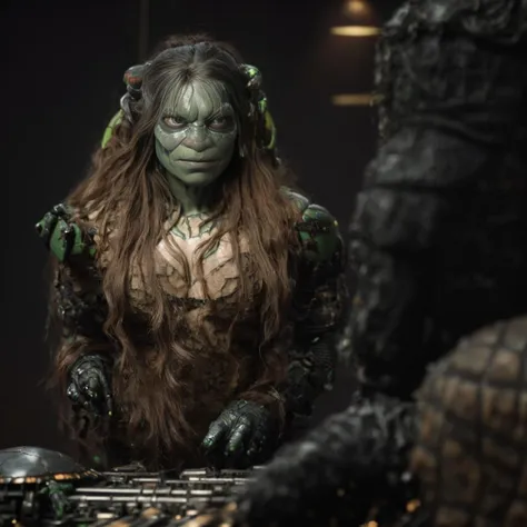 cinematic film still, (cybernetic robot, ([grayscale, soft lighting, soft shadows:[dimmed colors, pastel toning:intricate sewage:11]:3], realistic full body shot of brutal masculine (teenage mutant ninja turtle:1.3) interacting with [[(April O'Neil:1.025) having ultra-realistic natural cleavage (wearing yellow engineer outfit:1.075)]], she treats the (bruises and injuries:1.1) of (teenage mutant ninja turtle:1.325), stuff in the background, (gloomy:1.3), dark, vignette, grimy, (slate atmosphere:0.8), (turbulent fog, natural (low key light:0.6) at (early morning:0.825):0.925), (perfect fingers, natural skin texture:1.025), (smooth complex background, depth of field, (swirly bokeh:0.875), (analog film grain:0.925):0.65), [ <lora:hiqcg_body_epoch:0.6> : (big eyes:1.125)  <lora:detailed_eye:0.675>  <lora:add_detail:0.6> :12]  :1.1), android, AI, machine, metal, wires, tech, futuristic, highly detailed:1.1), shallow depth of field, vignette, highly detailed, high budget, bokeh, cinemascope, moody, epic, gorgeous, film grain, grainy
