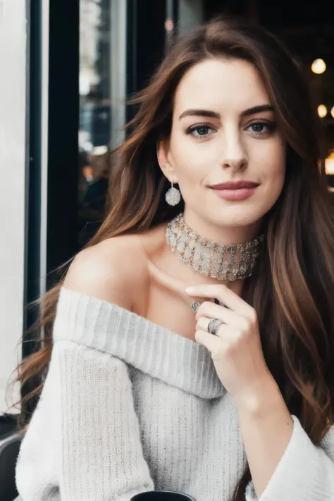 ahy piercing eyes, looking straight, very happy,long hair, wearing an off-shoulder sweater, choker, closeup portrait, in a outdoor cafe in 2015, afternoon light ,<lyco:AnneHathaway-RealVision-V1.0:1.0>