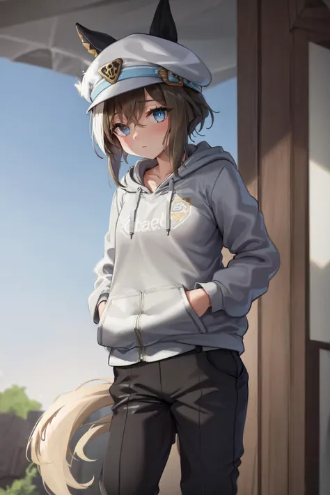 masterpiece, best quality,
cheval grand \(umamusume\),
grey hoodie, hands in pocket, clothes writing, black pants,
<lora:cheval_grand_loha:0.7>