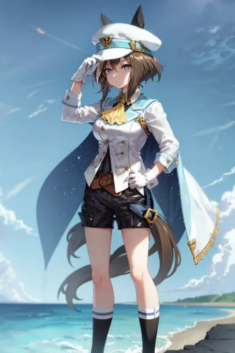 masterpiece, best quality,
cheval grand \(umamusume\),
blue sky, harbor, on seawalls, 
full body, standing, hand on hip, looking afar, 
long sleeves, cape, sailor collar, black shorts, white shirt, yellow ascot, white gloves, white jacket, belt,  black socks, shoes, 
<lora:cheval_grand_loha:0.7>