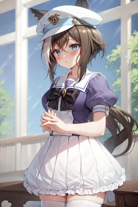 masterpiece, best quality,
cheval grand \(umamusume\),
classroom, 
blush, looking away, own hands together, 
tracen school uniform, summer uniform, serafuku, puffy short sleeves, bowtie, horseshoe ornament, sailor collar, sailor shirt, frills, white skirt, purple shirt, miniskirt, zettai ryouiki, white thighhighs, 
<lora:cheval_grand_loha:0.7>