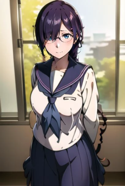 masterpiece, best quality, official art, professional artwork, highres, intricate details, lens flare, (vibrant_color:1.2), <lora:Kaho_Juumonjiv2-10:0.7>, 1girl, solo, long hair, blue eyes, black hair, hair ornament, braid, single braid, glasses, one hairclip, locks over her left eye, hair over her left eye, mole, mole under right eye, navy blue skirt, pleated skirt, shy, blush, school uniform, (white serafuku:1.4), white shirt, blue sailor collar, neckerchief, long sleeves, arms and hands behind back, (expressionless:1.3), smile, classroom background, rain behind window, frontal view, from front