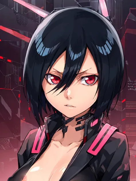 (cyber punk:1.3),android, kuchiki rukia,black hair, short hair, hair between eyes, 1 girl,(nipples:1.3), red eyes,