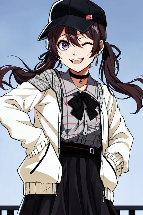 M2, virtual youtuber, natsuiro matsuri, one eye closed, brown hair, jacket, skirt, twintails, grey shirt, hat, earrings, open mouth, jewelry, choker, black choker, smile, ribbon, shirt, black ribbon, hair ribbon, looking at viewer, white jacket, black headwear, hair between eyes, bangs, plaid shirt, collared shirt, black skirt, medium hair, plaid, long sleeves, bow, cowboy shot, ;d, open clothes, off shoulder, coat, teeth, high-waist skirt, bowtie, long hair, hand in pocket, pointing, open jacket, outdoors, park background, <lora:Hololive_Natsuiro_matusri_v2.0:0.6>