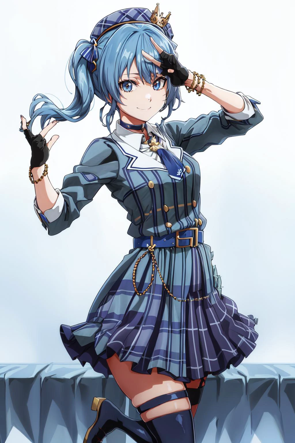 sui1, 1girl, solo, side ponytail, hoshimachi suisei, fingerless gloves, single thighhigh, jewelry, single sock, thigh strap, bracelet, blue socks, buttons, single kneehigh, plaid dress, blue choker, blue belt, plaid skirt, mini crown, grey skirt, blue ascot, long sleeves, plaid jacket, smile, (( Random background, Random pose, )), <lora:hoshimachiSuisei_v10_1:0.6>