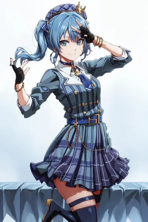 sui1, 1girl, solo, side ponytail, hoshimachi suisei, fingerless gloves, single thighhigh, jewelry, single sock, thigh strap, bracelet, blue socks, buttons, single kneehigh, plaid dress, blue choker, blue belt, plaid skirt, mini crown, grey skirt, blue ascot, long sleeves, plaid jacket, smile, (( Random background, Random pose, )),   <lora:hoshimachiSuisei_v10_1:0.6>