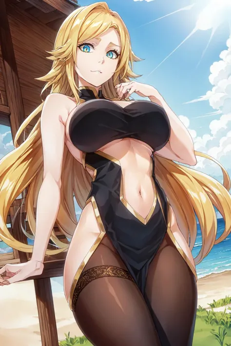 masterpiece, best quality, (human body ratio), high_resolution, distinct_image, high_contrast, 8K, glitter, beautiful_detailed_face_and_eyes, beautiful_detailed_eyes, pretty, sunshine , solo, 1girl, pale skin ,big breasts, narrow waist, skinny, slender leg, thin thighs, glamour shot of hot girl, detail description of landscape, best scenery