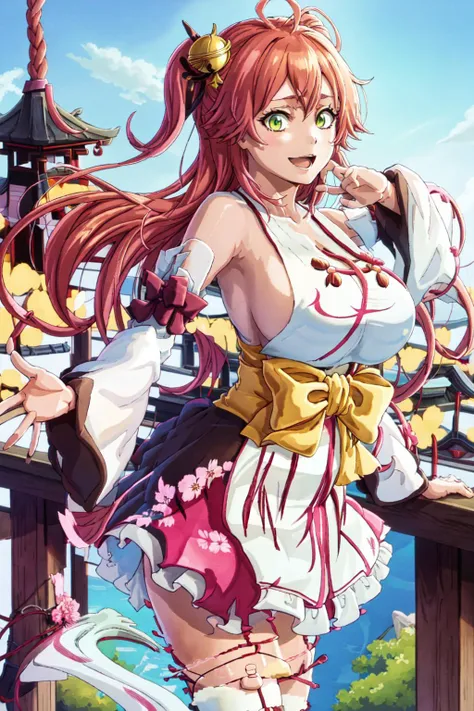 1girl, solo, best quality, miko_jp, yellow bow, japenese clothes, pink hair, green eyes, ahoge, one side up, huge breasts, wide sleeves, thighhighs, floral print, hair bell, bridal garter, detached sleeves, hair ornament, outdoors, japenese temple, smile, open mouth, sideboob, <lora:Sakura_miko_v1.0:0.6>