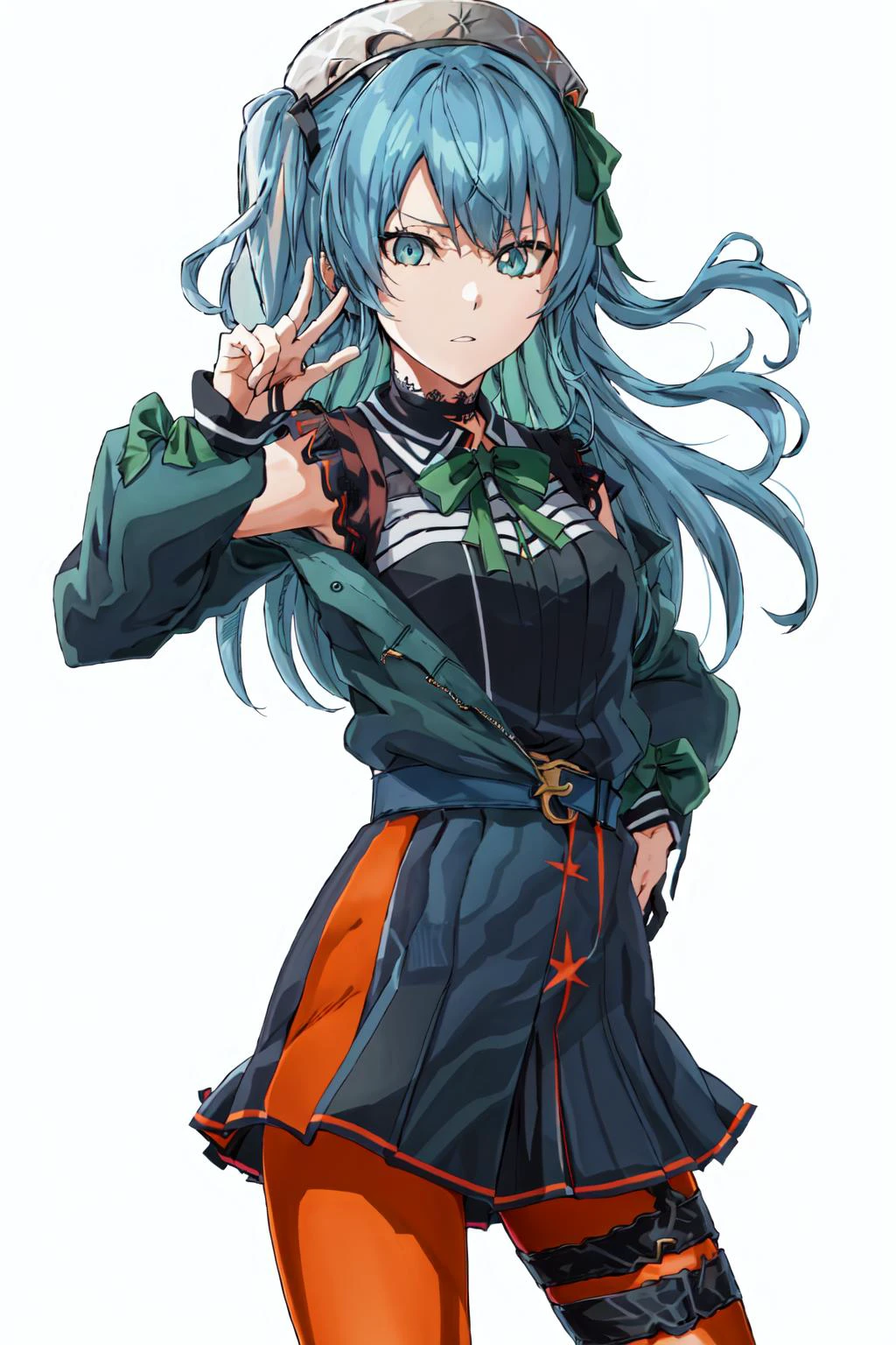 sui2, 1girl, solo, one side up, hoshimachi suisei, orange pantyhose, green ribbon, black skirt, star \(symbol\), off shoulder, blue jacket, jewelry, short sleeves, thigh strap, black shirt, lace choker, miniskirt, neck ribbon, green bow, black choker, belt, ((Random background, Random pose)), <lora:hoshimachiSuisei_v10_1:0.6>