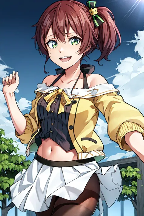 MN, natsuiro matsuri, outdoors, park, walking, virtual youtuber, pantyhose, brown hair, side ponytail, skirt, ahoge, navel, off-shoulder jacket, (white skirt:1.2), open mouth, hair between eyes, orange jacket, midriff, smile, ribbon, pinstripe pattern, cat hair ornament, off shoulder, green ribbon, camisole, collarbone, pleated skirt, jacket, hair ornament, bangs, miniskirt, looking at viewer, black camisole, striped, short sleeves, black pantyhose, hair ribbon, crop top, smile, bare shoulders, cropped jacket, halterneck, spaghetti strap, blush, black ribbon, neck ribbon, teeth, medium hair, side slit, cowboy shot, upper teeth only, bow, outdoors, <lora:Hololive_Natsuiro_matusri_v2.0:0.6>