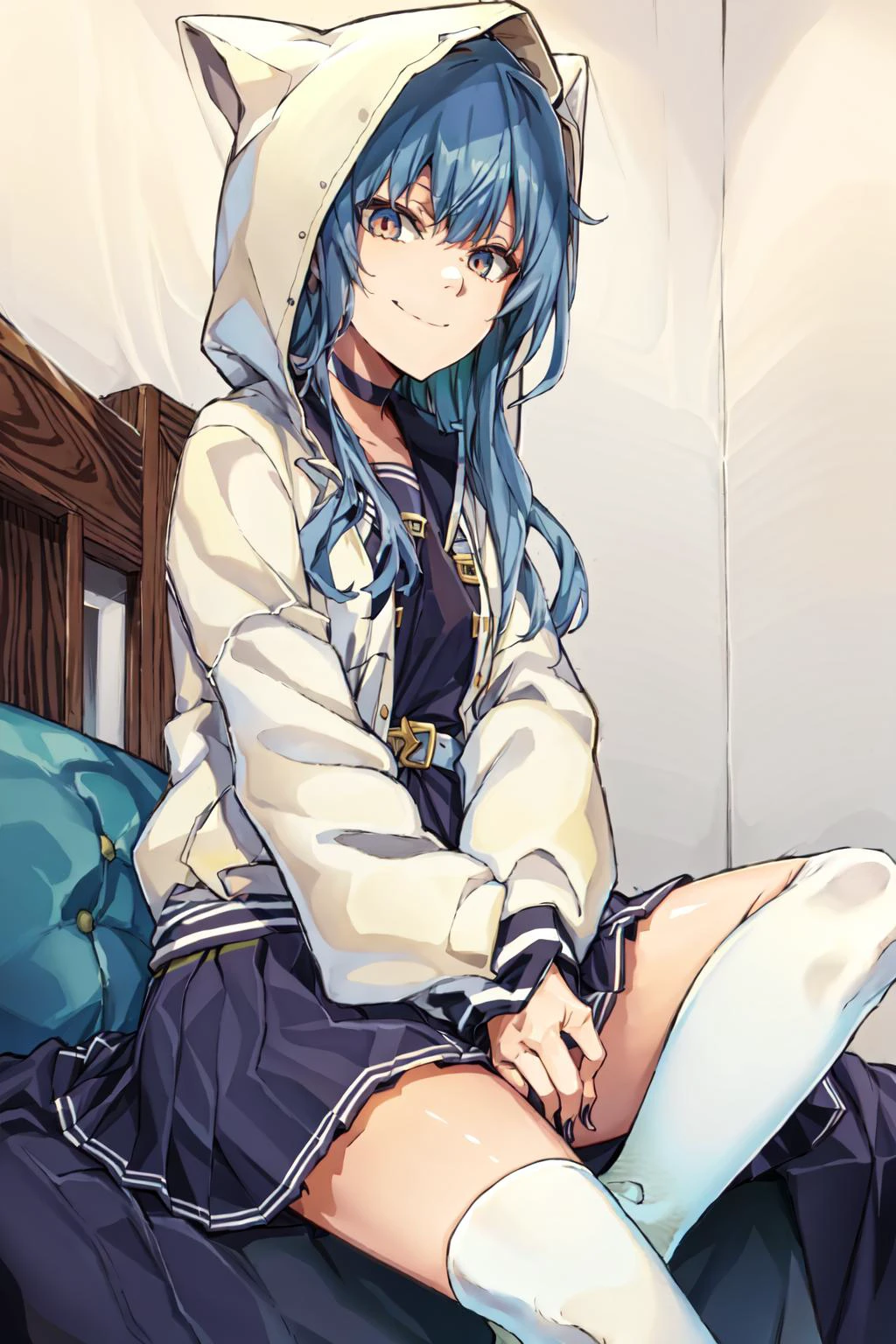 sui3, 1girl, hood up, hoshimachi suisei, solo, white jacket, animal hood, white socks, open jacket, pleated skirt, black skirt, black sailor collar, black choker, school uniform, black shirt, puffy long sleeves, indoor, bedroom, sitting, smile, playing video game, <lora:hoshimachiSuisei_v10_1:0.6>