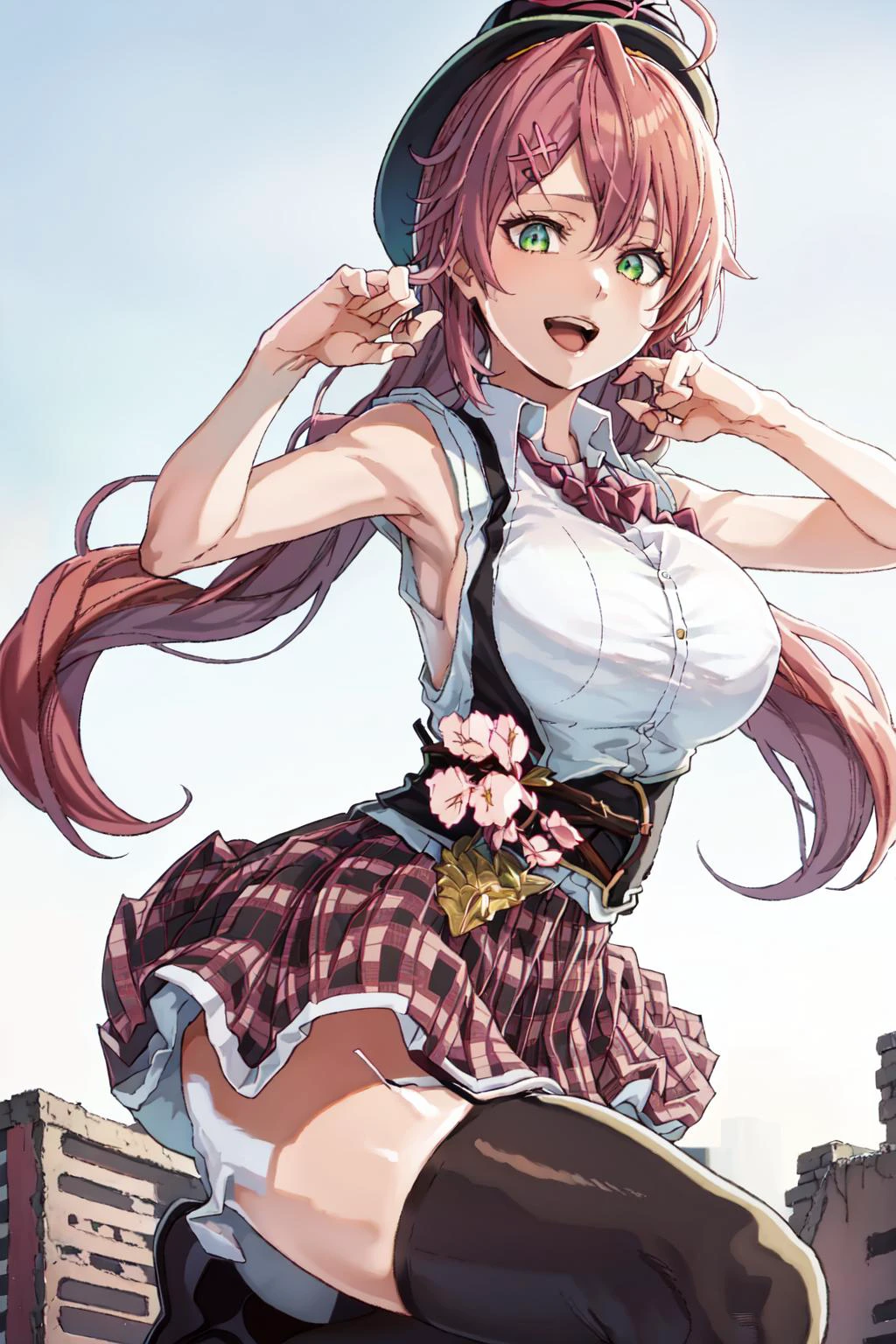 1girl, solo, best quality, sakura miko, white shirt, hat, black thighhighs, garter straps, plaid skirt, pink hair, green eyes, ahoge, low twintail, large breasts, sleeveless, hair ornament, dynamic pose, outdoors, city background, black vest, smile, open mouth, ((Random background, Random pose)), daytime, <lora:Sakura_miko_v1.0:0.45>