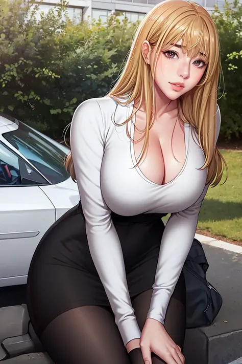 (8k, RAW photo, best quality, masterpiece:1.2),1girl,solo,mature female,blonde hair,long hair,brown eyes,breasts,cleavage,white shirt,pencil skirt,black pantyhose,looking at viewer,outdoors,school,blush,leaning forward,sitting,<lora:liya:0.7>,<lora:GoodHands-beta2:1>,