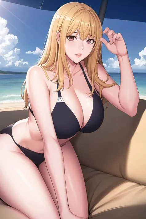 (8k, RAW photo, best quality, masterpiece:1.2),1girl,solo,mature female,blonde hair,long hair,brown eyes, breasts, cleavage,swimsuit, bikini, looking at viewer,beach,
leaning forward, sitting,
<lora:liya:0.7>