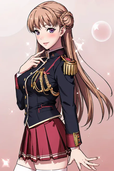 (masterpiece, best quality:1.2), pink background, bubble, sparkle, solo, 1girl, nmascot, blush, smile, looking at viewer, epaulettes, uniform, pleated skirt, thighhighs <lora:nmascot-nvwls-v1:1> <lora:FEA S Rank:1>