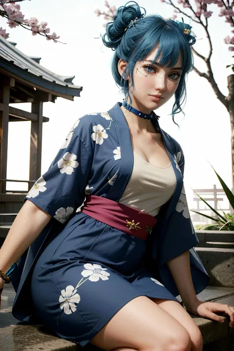 (lady wearing Japanese kimono, dark blue yukata with black wide obi:1.2), (sitting, Japanese seiza, both hands placed on thighs:1.3), spotlight, (looking at viewer, face directly ahead, from front: 1.2), (at Japanese wooden house, girl sitting at center of the room, indoor), breast shot, (bared foot:1.1), at night,masterpiece, best quality, high resolution, 4k, ultra high resolution, highly detailed, highly detailed, beautiful eyes, beautiful hair, beautiful side, beautiful skin,good hands,shiny skin,curvy,large breats,tamaki,Cosmic eyes