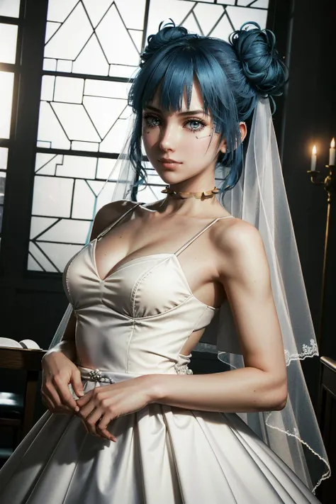 ( masterpiece, best quality, highres:1.3)
<lora:CyberBlueMoon:0.8>
CyberBlueMoon, 1girl, white eyes, facial mark, blue hair, double bun, wearing a wedding dress, bridal veil, inside a church