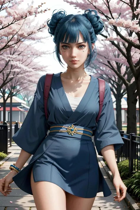 ( masterpiece, best quality, highres:1.3)
<lora:CyberBlueMoon:0.8>
CyberBlueMoon, 1girl, white eyes, facial mark, blue hair, double bun, walking in a japanese park, cherry blossoms,