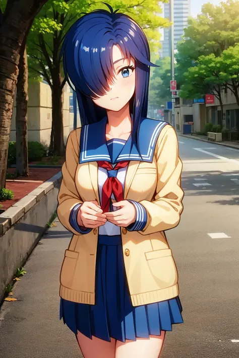 masterpiece, best quality, 1girl, himooyuina, blue eyes, blue hair, hair over one eye, school uniform, long sleeves, blue skirt, serafuku, skirt, solo, looking at viewer, outdoors <lora:HimooYuina:1>